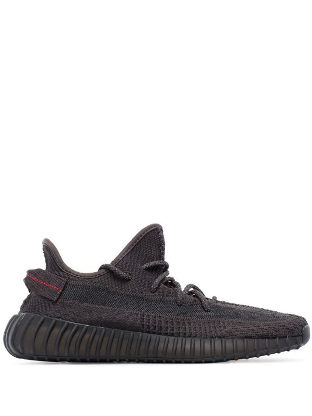 Yeezy Kids Black Knit Sneakers with Red Heel Stitch Accent
